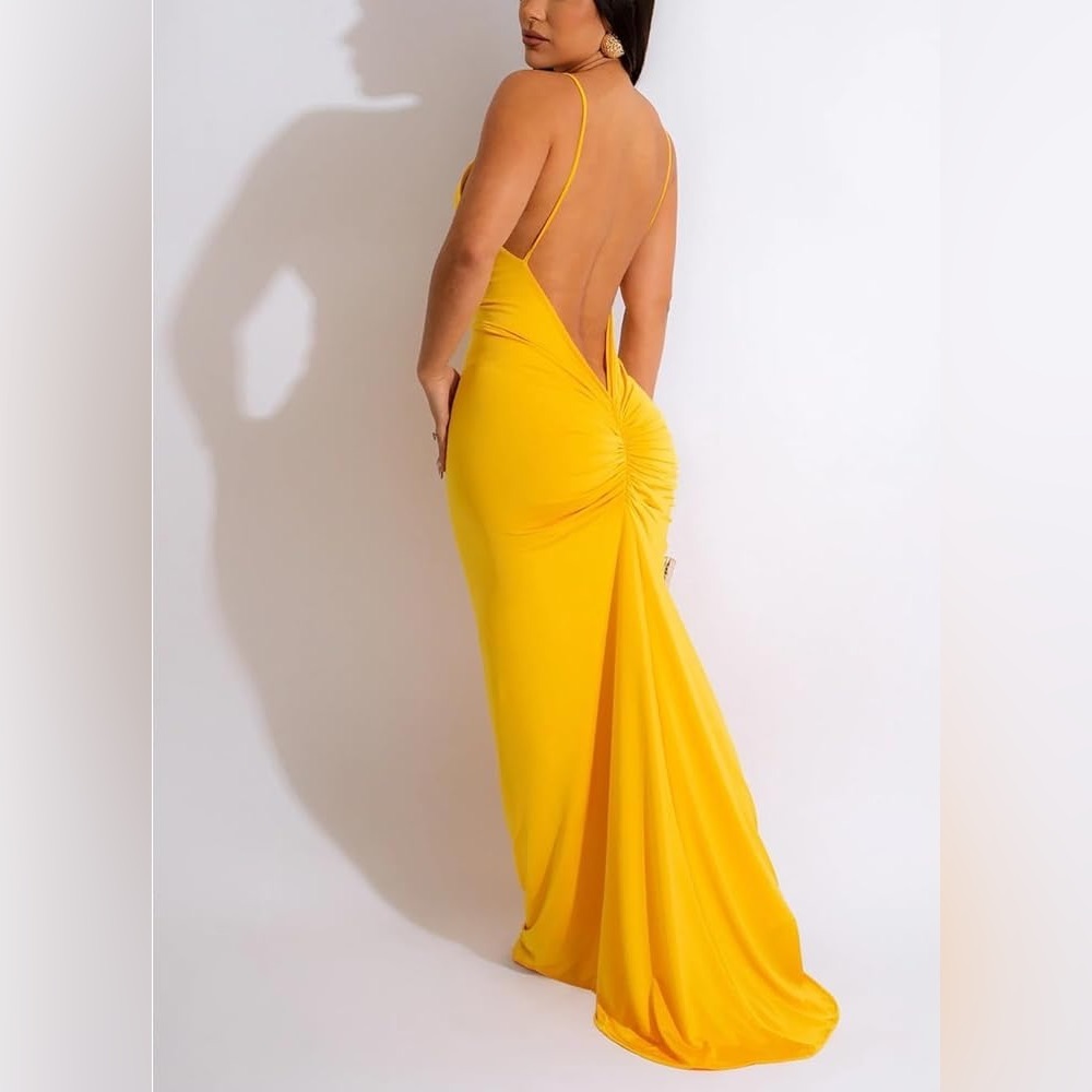 Cameo Ultra Sexy Low V Backless Dress in Yellow